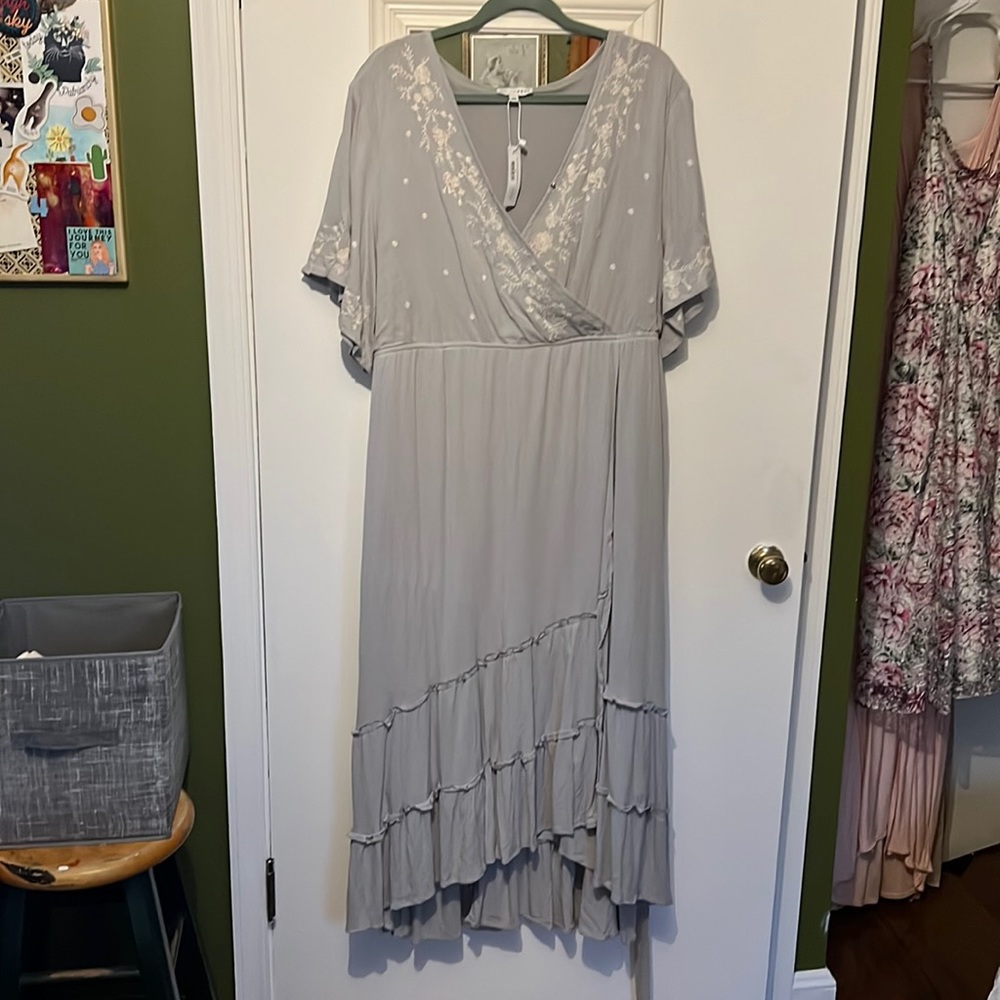 Baltic born grey embroidered midi dress with tie